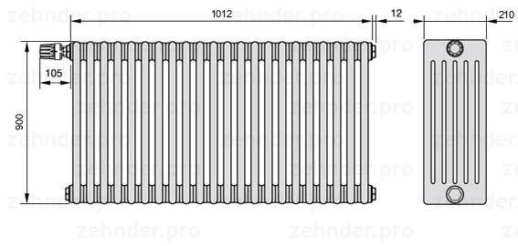 Схема (чертеж) Радиатор Zehnder Charleston 6090/22 №V011 Белый глянцевый RAL 9016